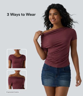 Cowl Neck Short Sleeve Ruched Casual Top