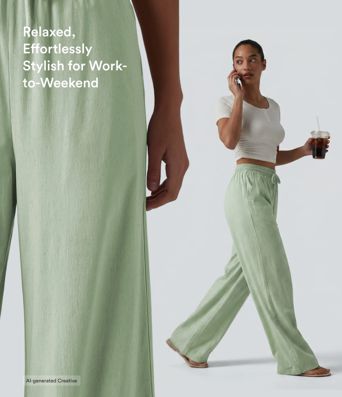 High Waisted Drawstring Wide Leg Baggy Casual Stretch Linen Pants with Pockets High Waisted Drawstring Wide Leg Baggy Casual Stretch Linen Pants with Pockets