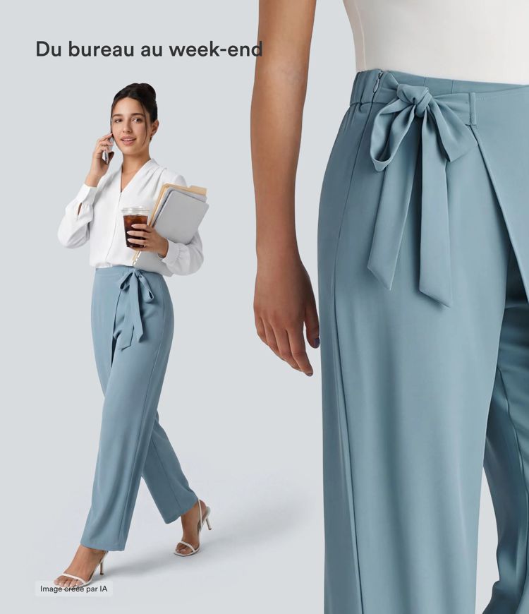 Pantalon Tailleur Large Fluide Taille Haute Fermeture Éclair Invisible 