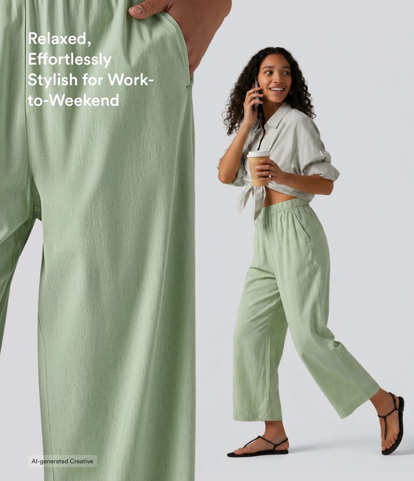 High Waisted Straight Leg 7/8 Casual Stretch Linen Pants with Pockets