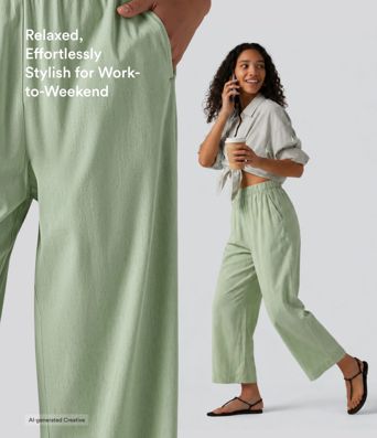 High Waisted Straight Leg 7/8 Casual Stretch Linen Pants with Pockets