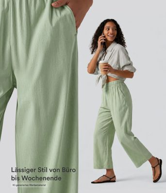 Lässige 7/8-Hose aus Leinen mit hohem Bund, Seitentaschen und geradem Bein