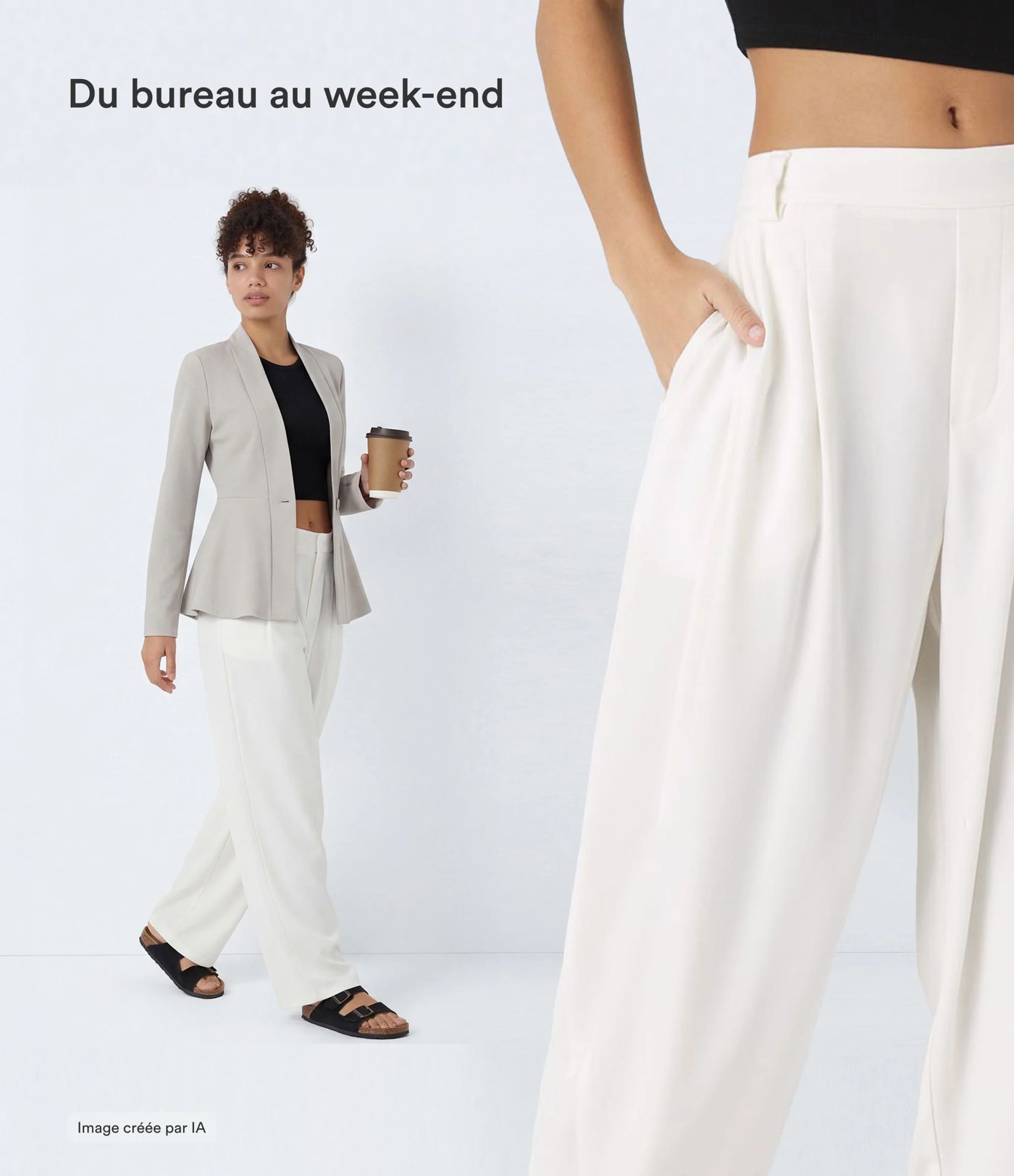 Pantalon tailleur ample, taille moyenne, coupe barrel, à poches