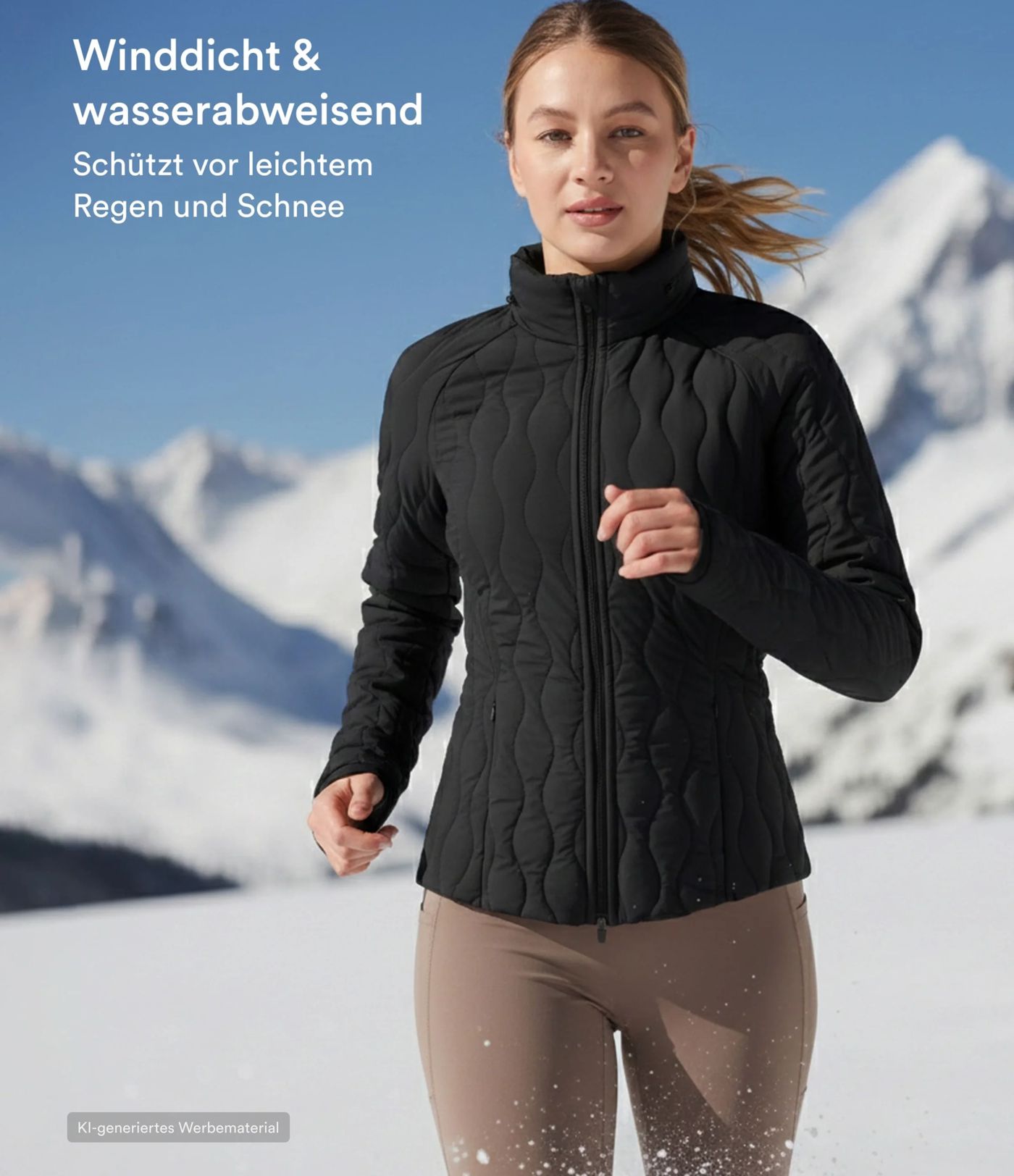 Workout-Stretch-Steppjacke mit hohem Kragen, Seitentaschen, langen Ärmeln und Daumenlöchern - verstaubar Workout-Stretch-Steppjacke mit hohem Kragen, Seitentaschen, langen Ärmeln und Daumenlöchern - verstaubar