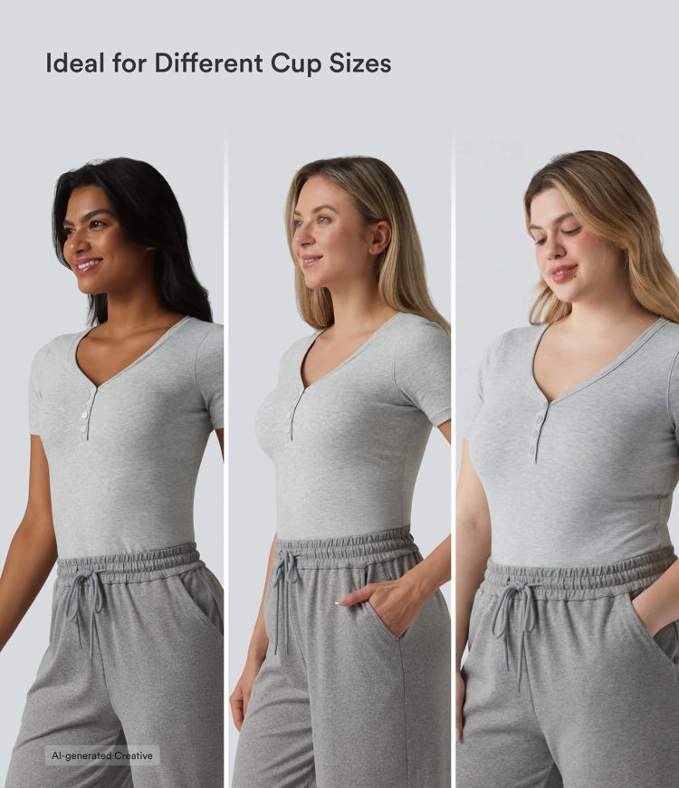 Halara t-shirt décontracté en jersey de coton, col en V, manches courtes, soutien‑gorge intégré, bonnets B–DD