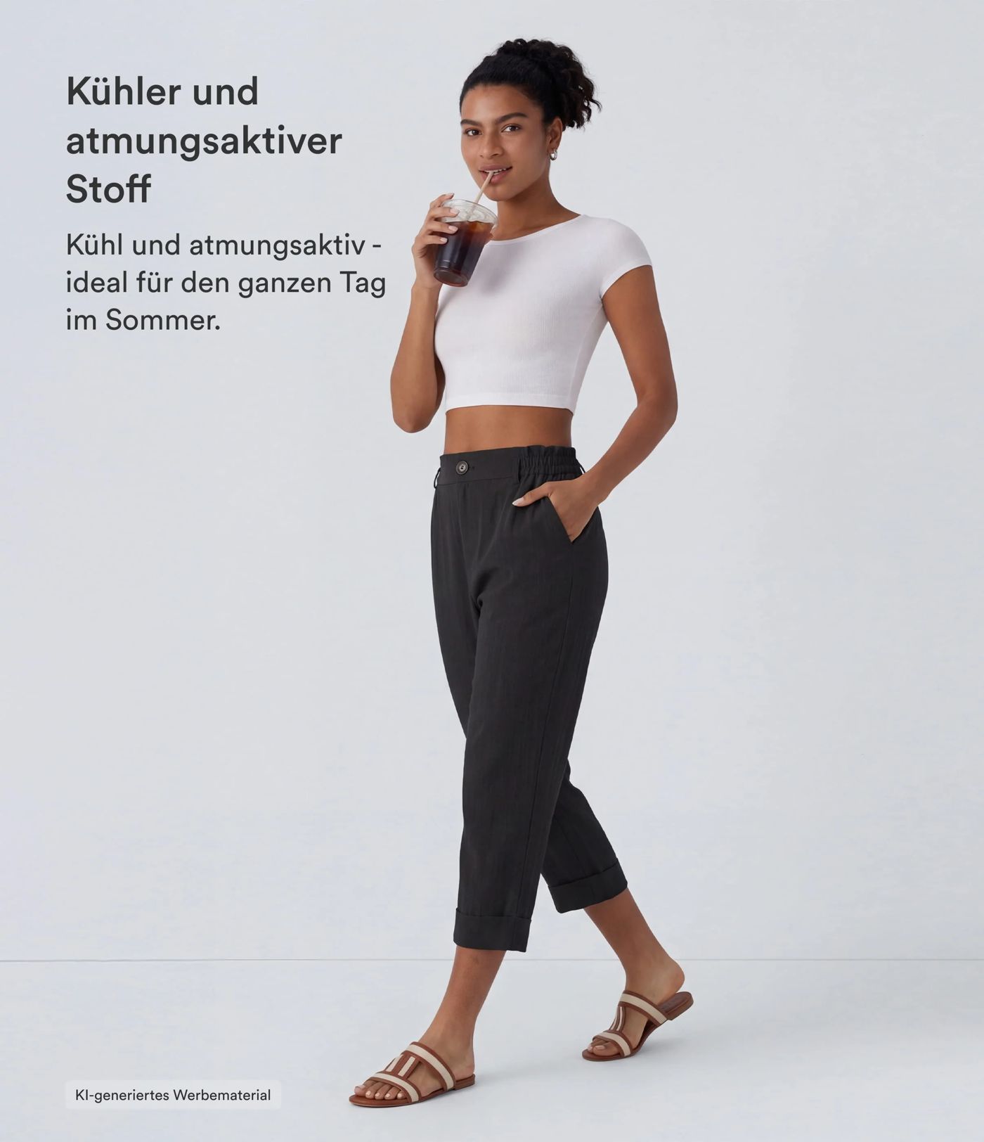 Capri-Hose mit hohem Bund und Seitentaschen - leinenähnliches Material