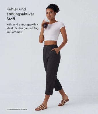 Capri-Hose mit hohem Bund und Seitentaschen - leinenähnliches Material
