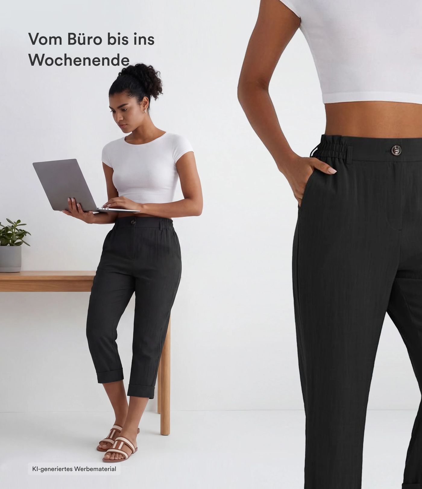 Capri-Hose mit hohem Bund und Seitentaschen - leinenähnliches Material