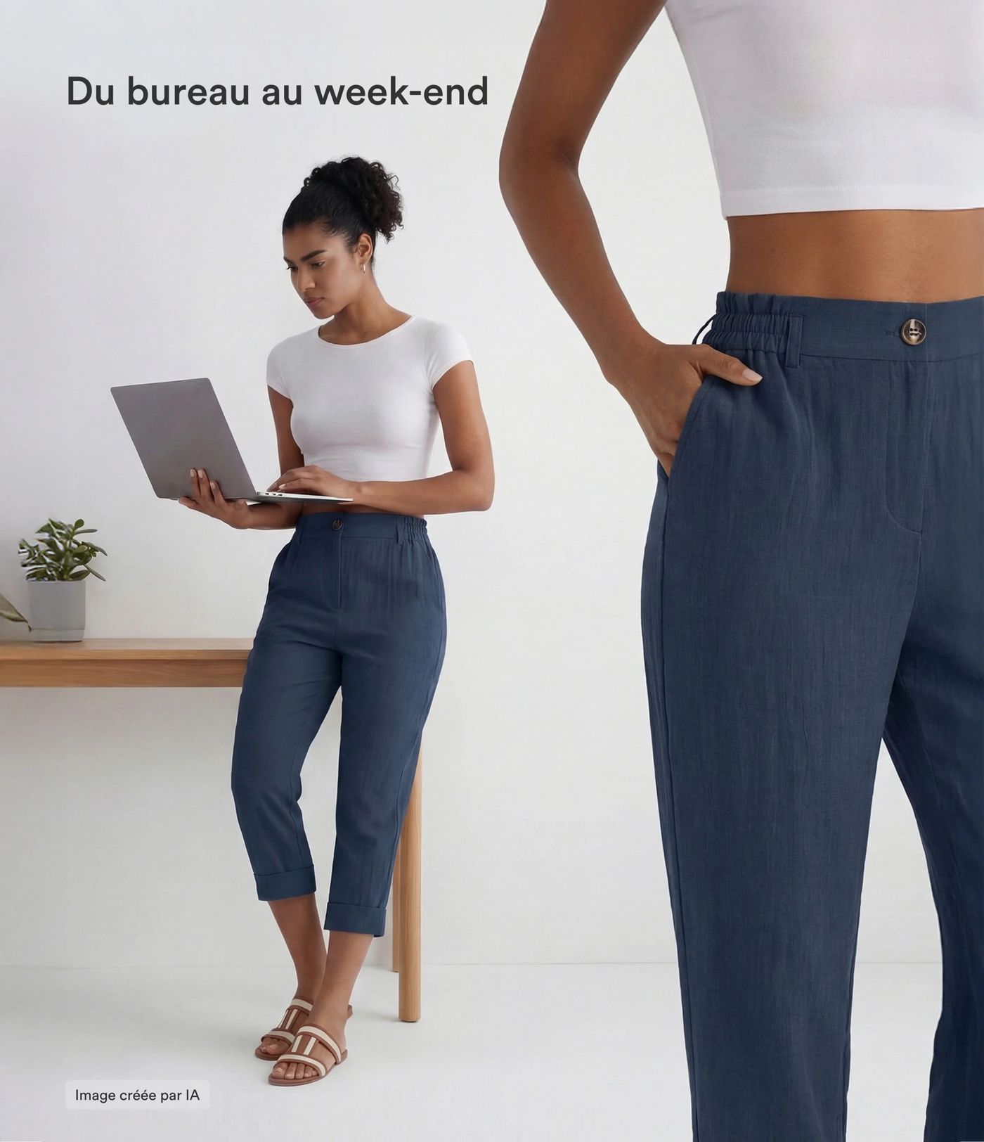 Pantalon capri effet lin taille haute avec poches zippées Pantalon capri effet lin taille haute avec poches zippées