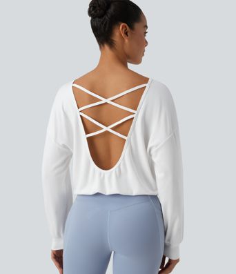 Crisscross Backless Scoop Neck Long Sleeve Yoga Cotton Sports Top