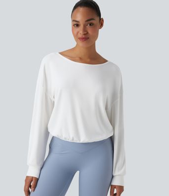 Crisscross Backless Scoop Neck Long Sleeve Yoga Cotton Sports Top