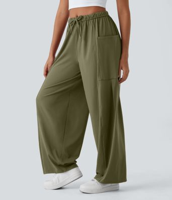 Pantalon Large Fluide Taille Mi-Haute Taille Élastique Cordon Poches Latérales Ourlet Flottant Pantalon Large Fluide Taille Mi-Haute Taille Élastique Cordon Poches Latérales Ourlet Flottant