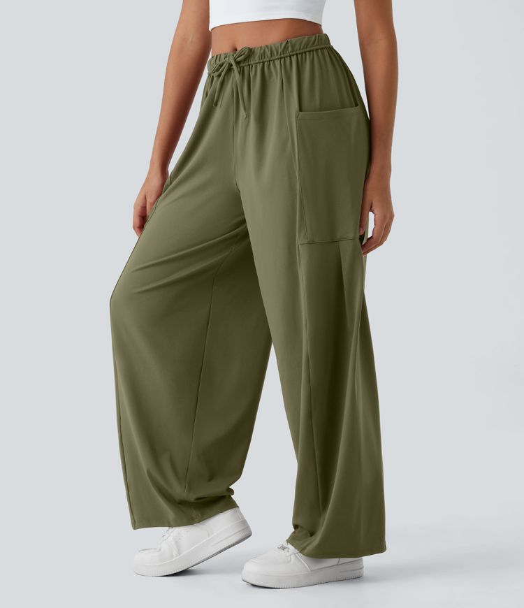 Pantalon Large Fluide Taille Mi-Haute Taille Élastique Cordon Poches Latérales Ourlet Flottant Pantalon Large Fluide Taille Mi-Haute Taille Élastique Cordon Poches Latérales Ourlet Flottant