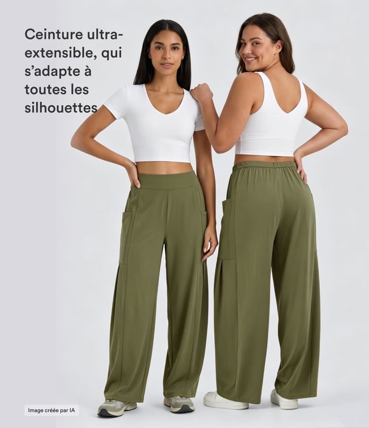 Pantalon Large Fluide Taille Mi-Haute Taille Élastique Cordon Poches Latérales Ourlet Flottant Pantalon Large Fluide Taille Mi-Haute Taille Élastique Cordon Poches Latérales Ourlet Flottant