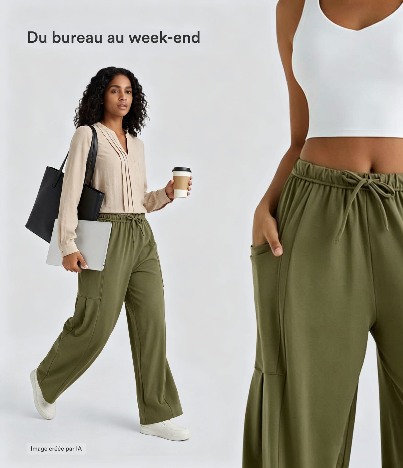 Pantalon Large Fluide Taille Mi-Haute Taille Élastique Cordon Poches Latérales Ourlet Flottant Pantalon Large Fluide Taille Mi-Haute Taille Élastique Cordon Poches Latérales Ourlet Flottant