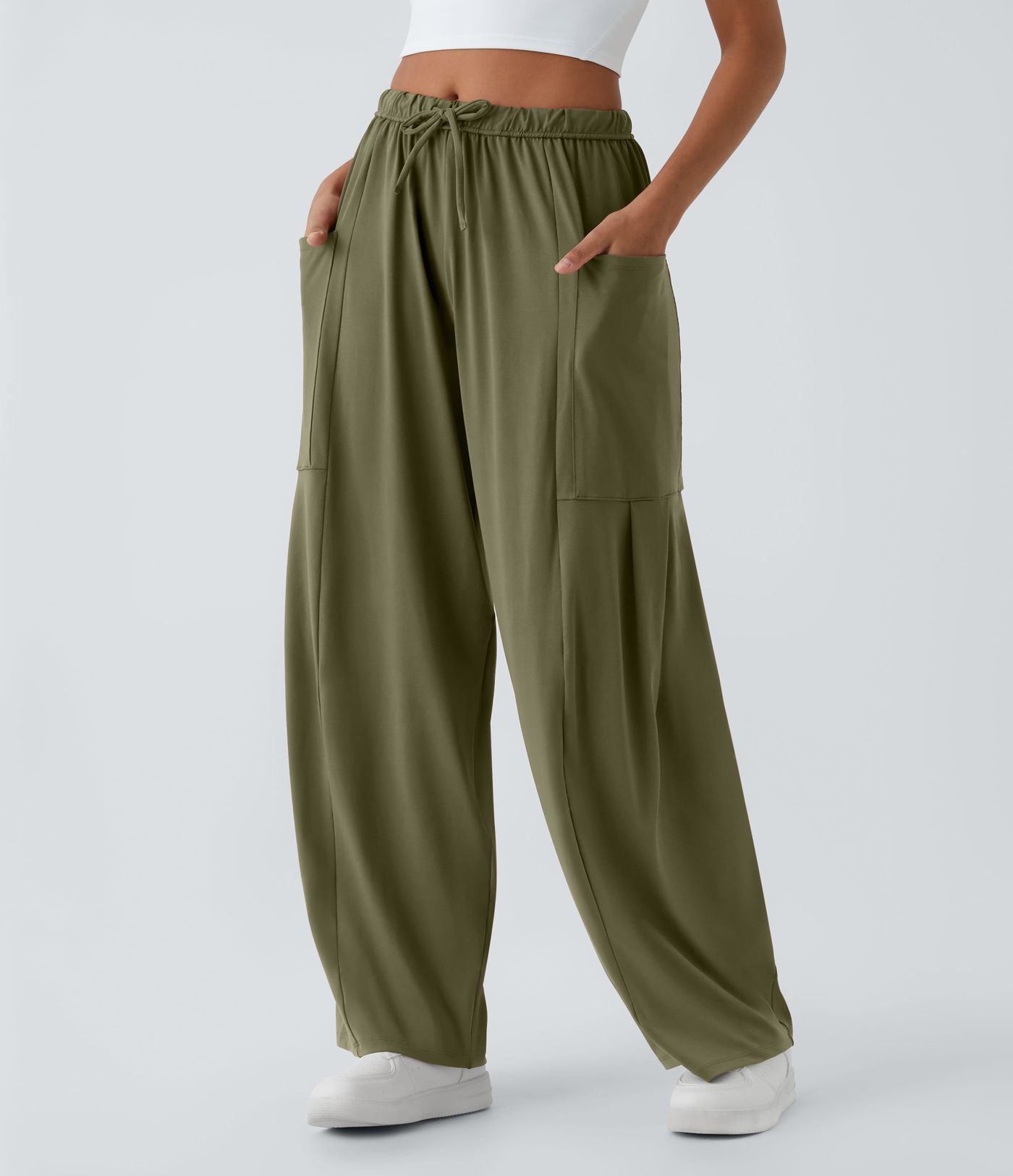 Pantalon Large Fluide Taille Mi-Haute Taille Élastique Cordon Poches Latérales Ourlet Flottant Pantalon Large Fluide Taille Mi-Haute Taille Élastique Cordon Poches Latérales Ourlet Flottant