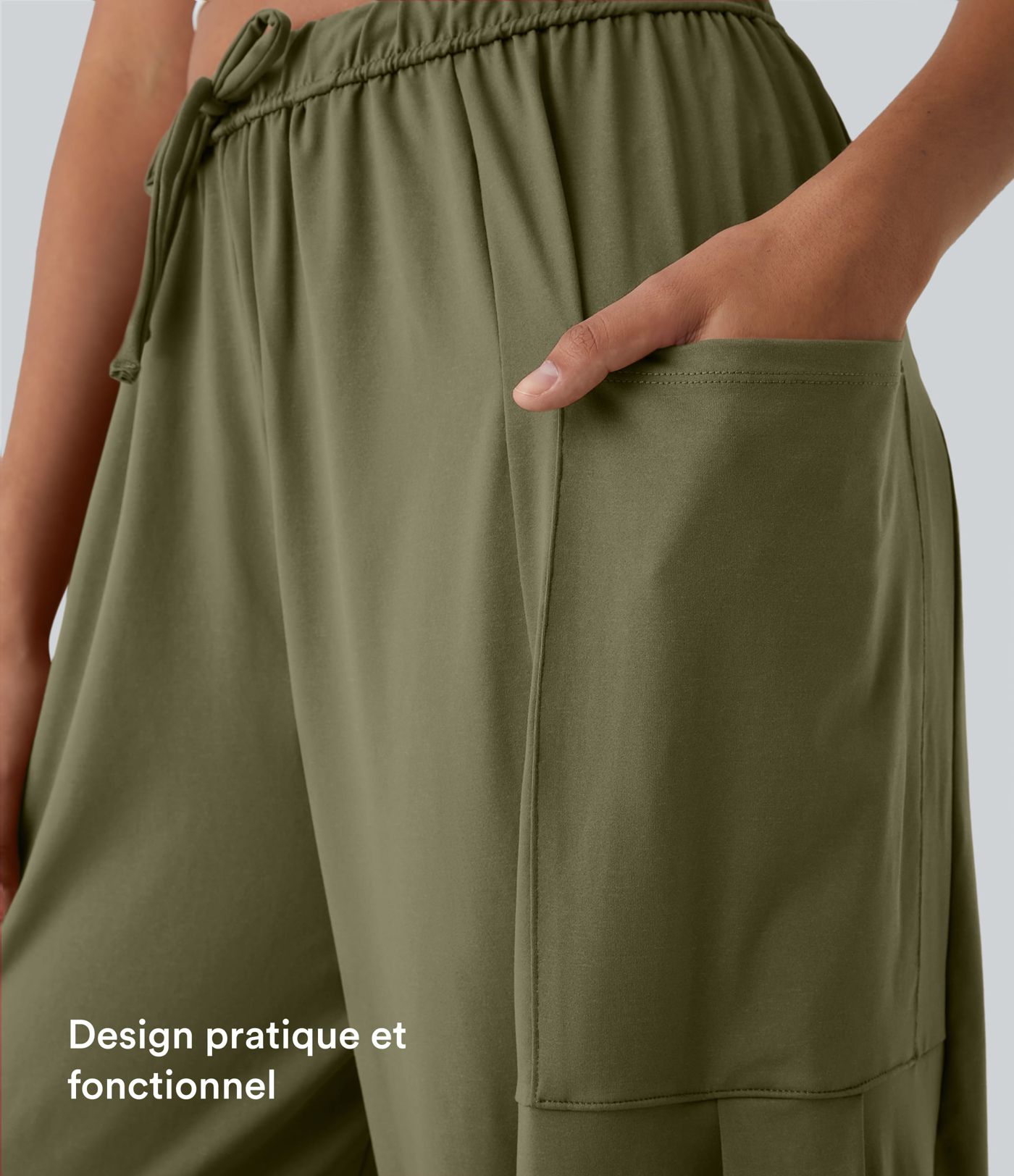 Pantalon Large Fluide Taille Mi-Haute Taille Élastique Cordon Poches Latérales Ourlet Flottant Pantalon Large Fluide Taille Mi-Haute Taille Élastique Cordon Poches Latérales Ourlet Flottant