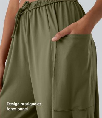 Pantalon Large Fluide Taille Mi-Haute Taille Élastique Cordon Poches Latérales Ourlet Flottant Pantalon Large Fluide Taille Mi-Haute Taille Élastique Cordon Poches Latérales Ourlet Flottant