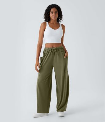 Pantalon Large Fluide Taille Mi-Haute Taille Élastique Cordon Poches Latérales Ourlet Flottant Pantalon Large Fluide Taille Mi-Haute Taille Élastique Cordon Poches Latérales Ourlet Flottant