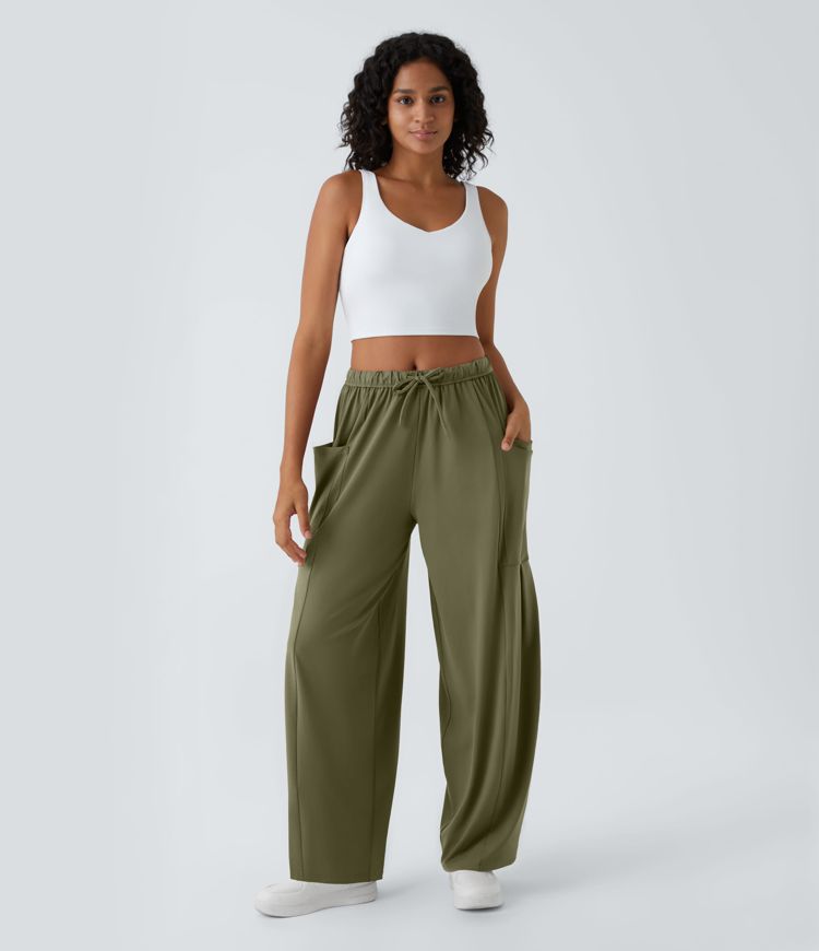 Pantalon Large Fluide Taille Mi-Haute Taille Élastique Cordon Poches Latérales Ourlet Flottant Pantalon Large Fluide Taille Mi-Haute Taille Élastique Cordon Poches Latérales Ourlet Flottant