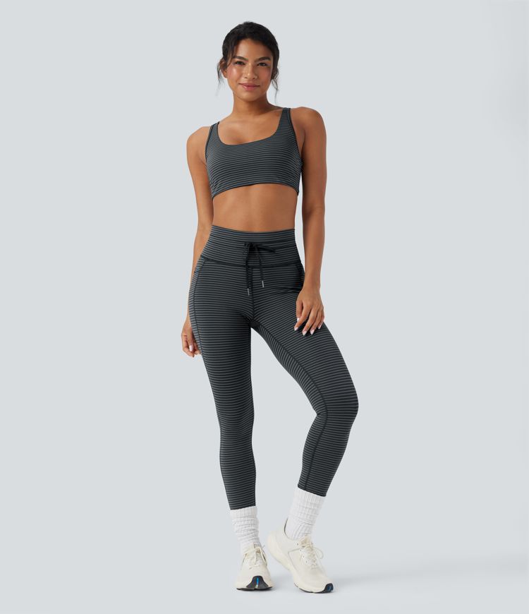 High Waisted Drawstring Striped Yoga Leggings with Pockets High Waisted Drawstring Striped Yoga Leggings with Pockets