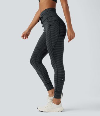 High Waisted Drawstring Striped Yoga Leggings with Pockets High Waisted Drawstring Striped Yoga Leggings with Pockets