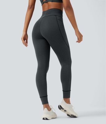 High Waisted Drawstring Striped Yoga Leggings with Pockets High Waisted Drawstring Striped Yoga Leggings with Pockets