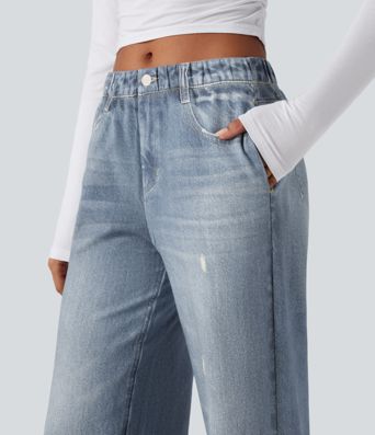 Jogging jean décontracté en molleton French Terry imprimé denim taille mi-haute avec poches