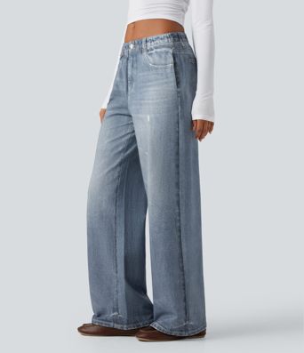 Jogging jean décontracté en molleton French Terry imprimé denim taille mi-haute avec poches