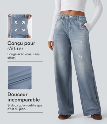 Jogging jean décontracté en molleton French Terry imprimé denim taille mi-haute avec poches