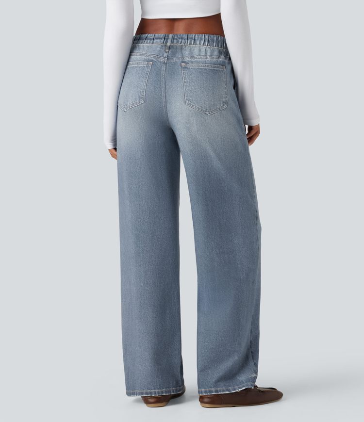 Jogging jean décontracté en molleton French Terry imprimé denim taille mi-haute avec poches