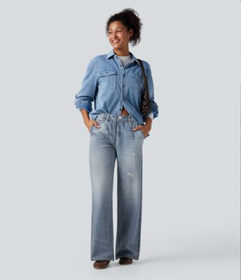 Jogging jean décontracté en molleton French Terry imprimé denim taille mi-haute avec poches