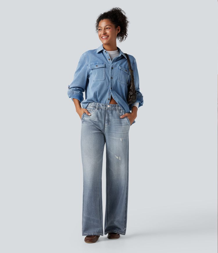 Jogging jean décontracté en molleton French Terry imprimé denim taille mi-haute avec poches