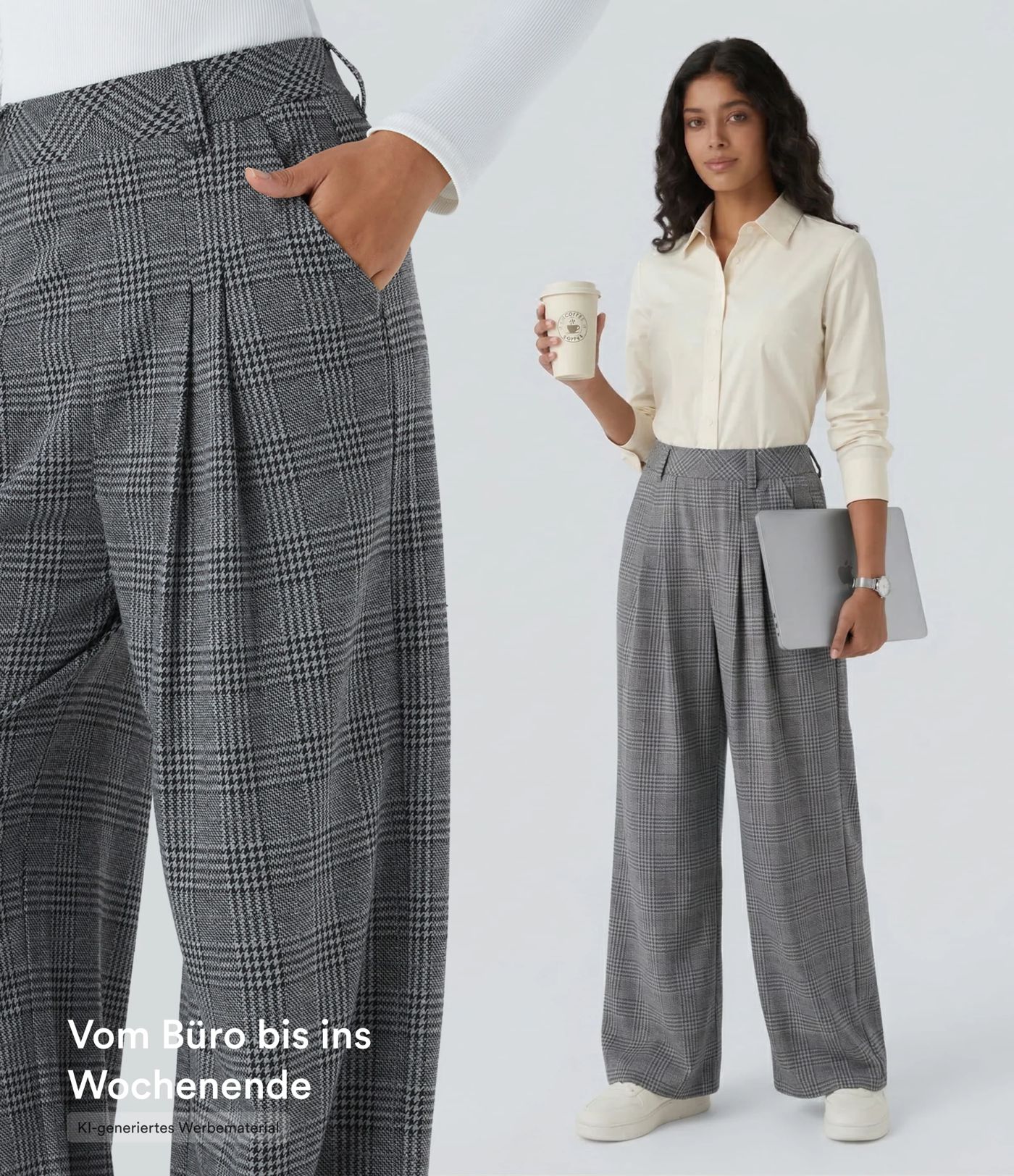Lässige Hose mit hohem Bund, Seitentaschen, Karomuster und weitem Bein Lässige Hose mit hohem Bund, Seitentaschen, Karomuster und weitem Bein
