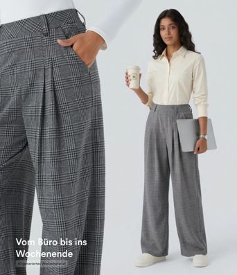 Lässige Hose mit hohem Bund, Seitentaschen, Karomuster und weitem Bein Lässige Hose mit hohem Bund, Seitentaschen, Karomuster und weitem Bein