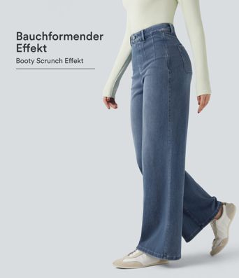 Halara Flex™ - Lässige Jeans mit mittelhohem Bund, Gesäßtaschen, Bauchkontrolle und weitem Bein Halara Flex™ - Lässige Jeans mit mittelhohem Bund, Gesäßtaschen, Bauchkontrolle und weitem Bein