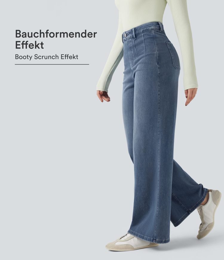 Halara Flex™ - Lässige Jeans mit mittelhohem Bund, Gesäßtaschen, Bauchkontrolle und weitem Bein Halara Flex™ - Lässige Jeans mit mittelhohem Bund, Gesäßtaschen, Bauchkontrolle und weitem Bein