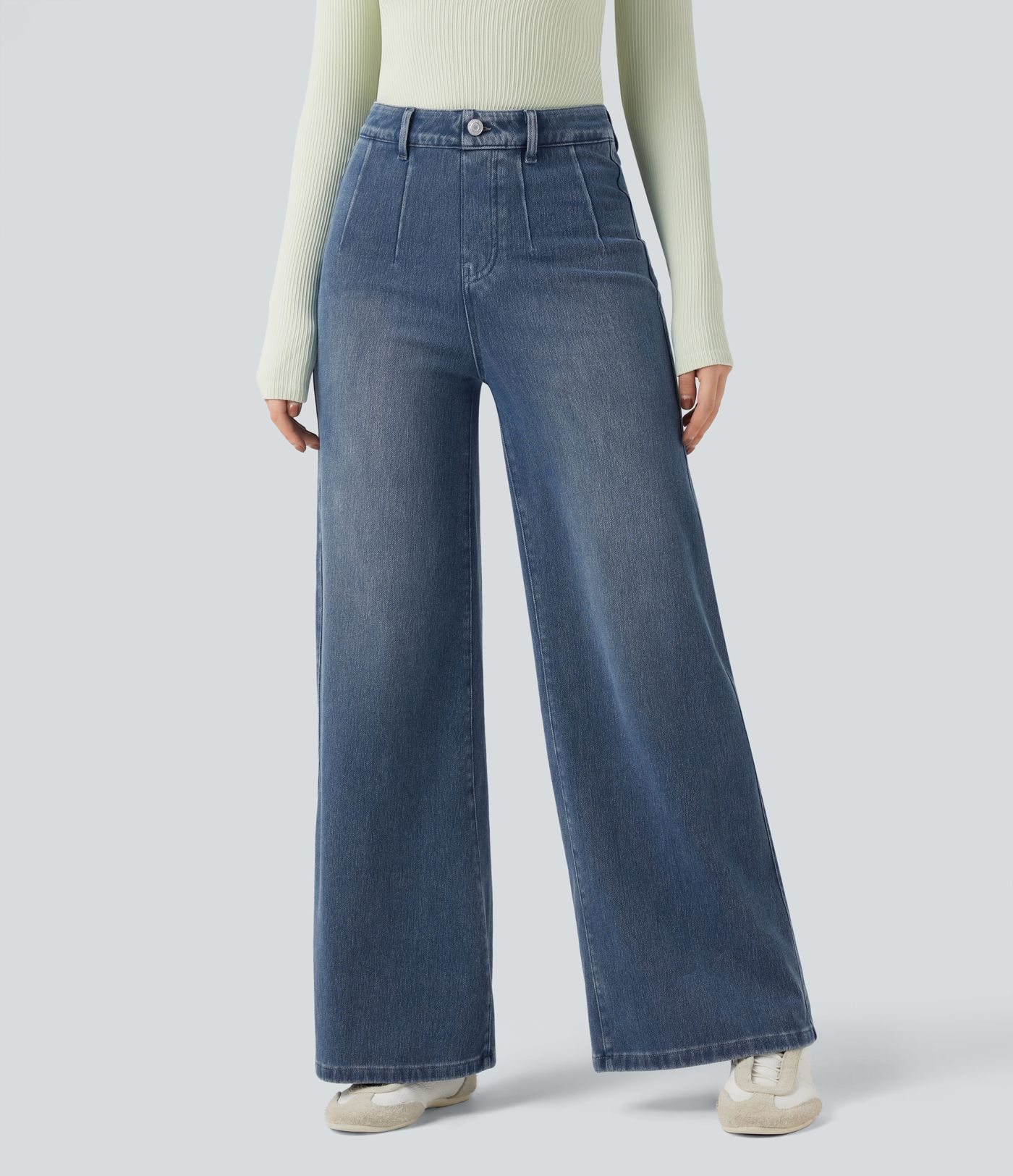 Halara Flex™ - Lässige Jeans mit mittelhohem Bund, Gesäßtaschen, Bauchkontrolle und weitem Bein Halara Flex™ - Lässige Jeans mit mittelhohem Bund, Gesäßtaschen, Bauchkontrolle und weitem Bein