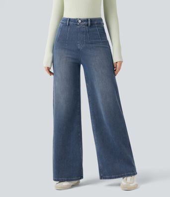 Halara Flex™ - Lässige Jeans mit mittelhohem Bund, Gesäßtaschen, Bauchkontrolle und weitem Bein Halara Flex™ - Lässige Jeans mit mittelhohem Bund, Gesäßtaschen, Bauchkontrolle und weitem Bein
