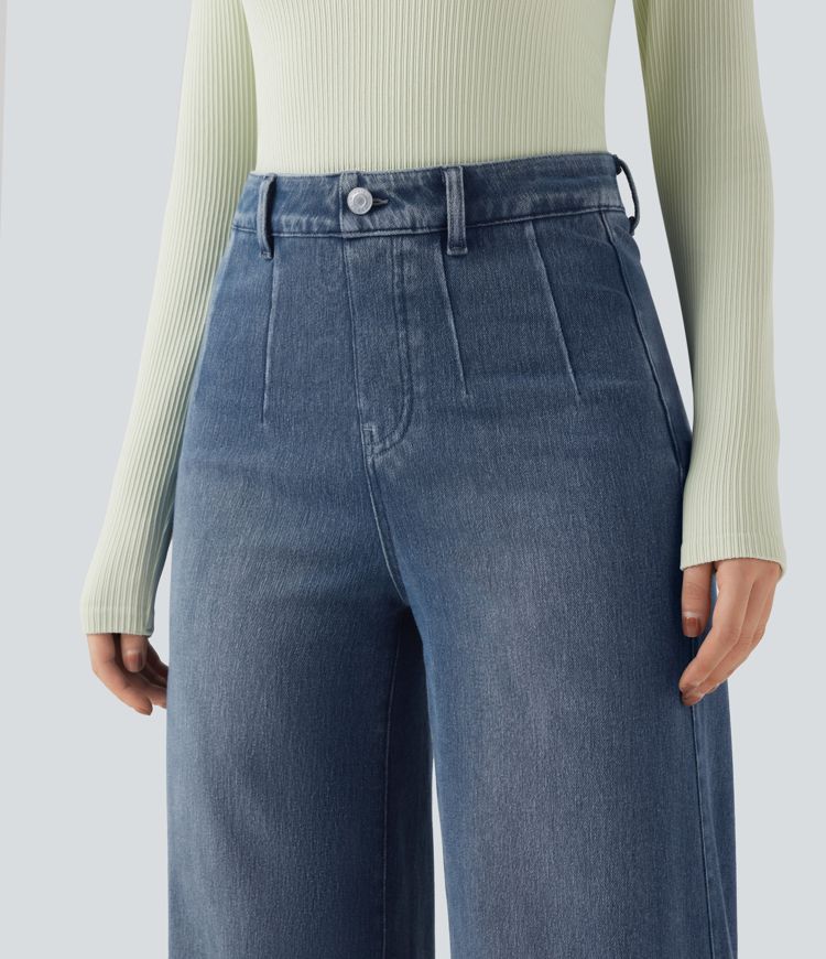 Halara Flex™ - Lässige Jeans mit mittelhohem Bund, Gesäßtaschen, Bauchkontrolle und weitem Bein Halara Flex™ - Lässige Jeans mit mittelhohem Bund, Gesäßtaschen, Bauchkontrolle und weitem Bein