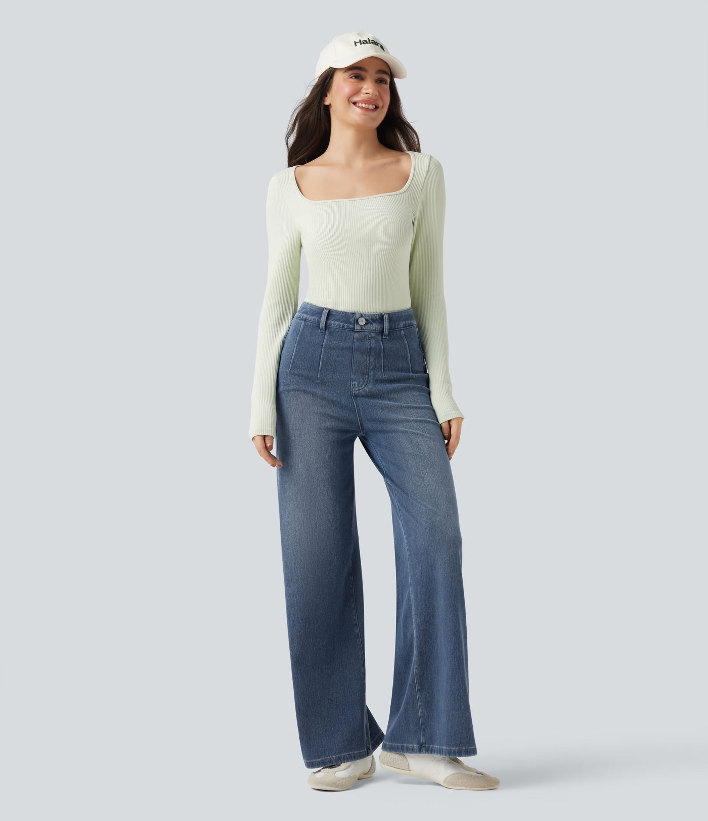 Halara Flex™ - Lässige Jeans mit mittelhohem Bund, Gesäßtaschen, Bauchkontrolle und weitem Bein Halara Flex™ - Lässige Jeans mit mittelhohem Bund, Gesäßtaschen, Bauchkontrolle und weitem Bein