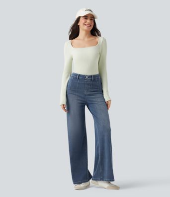 Halara Flex™ - Lässige Jeans mit mittelhohem Bund, Gesäßtaschen, Bauchkontrolle und weitem Bein Halara Flex™ - Lässige Jeans mit mittelhohem Bund, Gesäßtaschen, Bauchkontrolle und weitem Bein