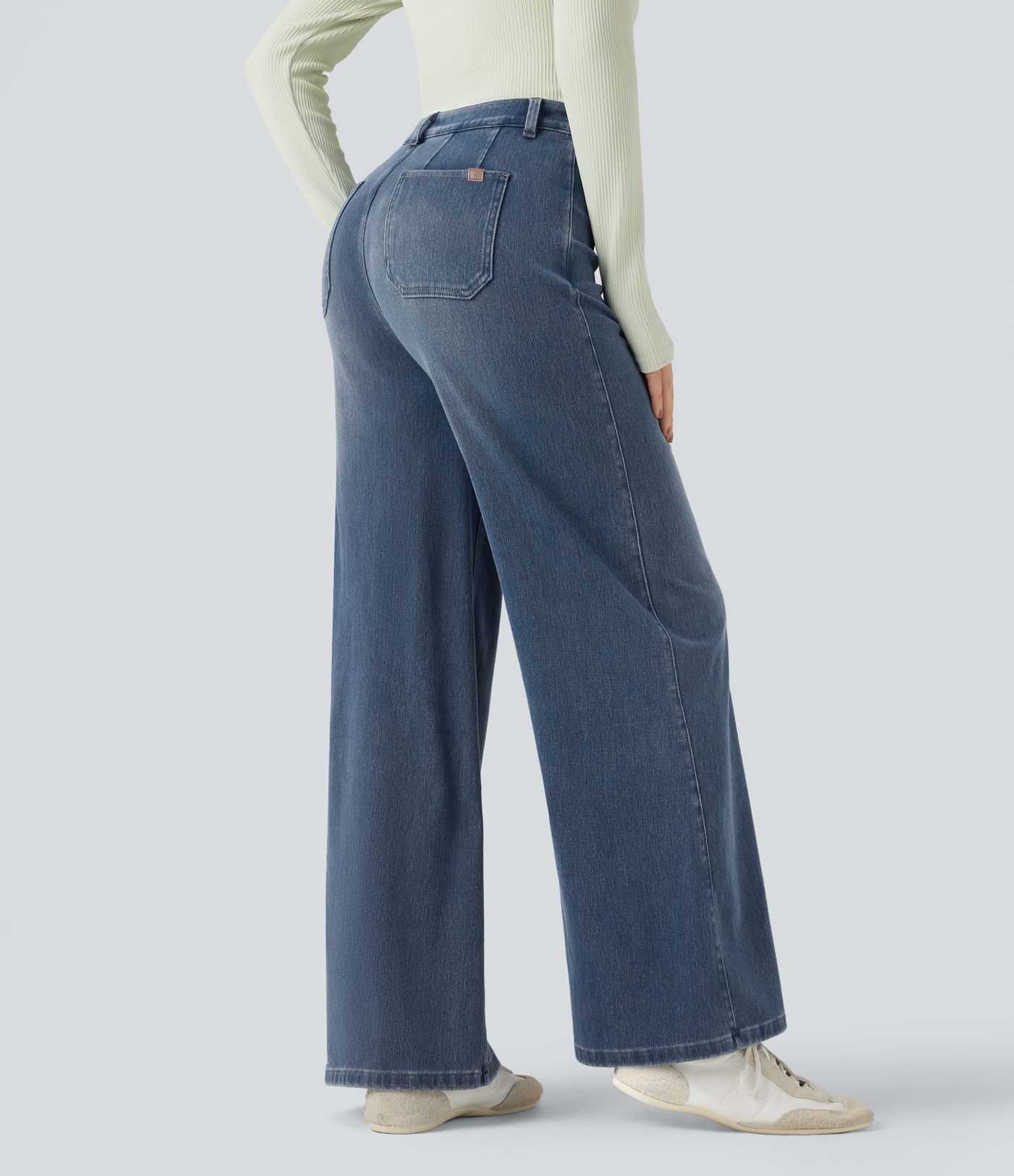 Halara Flex™ - Lässige Jeans mit mittelhohem Bund, Gesäßtaschen, Bauchkontrolle und weitem Bein Halara Flex™ - Lässige Jeans mit mittelhohem Bund, Gesäßtaschen, Bauchkontrolle und weitem Bein