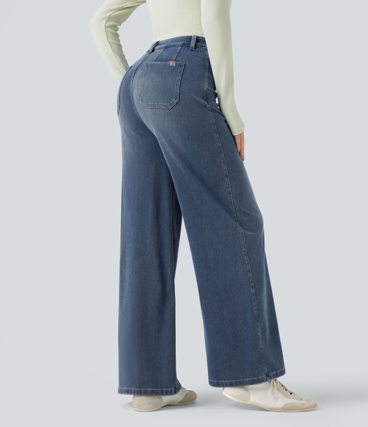 Halara Flex™ - Lässige Jeans mit mittelhohem Bund, Gesäßtaschen, Bauchkontrolle und weitem Bein Halara Flex™ - Lässige Jeans mit mittelhohem Bund, Gesäßtaschen, Bauchkontrolle und weitem Bein