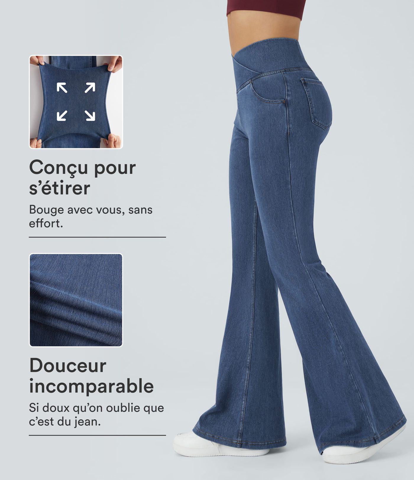 Halara Flex™ - Jean Ultra Evasé Tricot Extensible Lavé Poches Croisées Taille Haute Halara Flex™ - Jean Ultra Evasé Tricot Extensible Lavé Poches Croisées Taille Haute