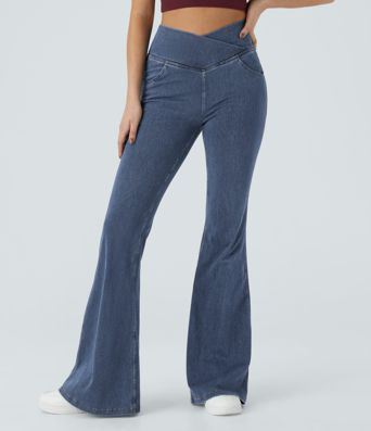 Halara Flex™ - Jean Ultra Evasé Tricot Extensible Lavé Poches Croisées Taille Haute Halara Flex™ - Jean Ultra Evasé Tricot Extensible Lavé Poches Croisées Taille Haute
