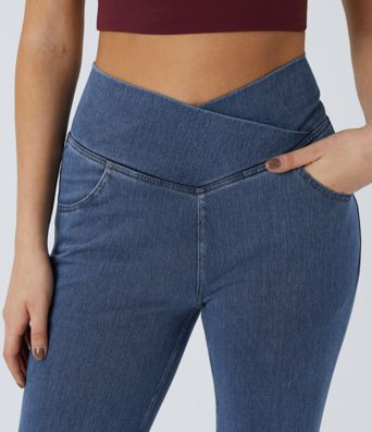 Halara Flex™ - Jean Ultra Evasé Tricot Extensible Lavé Poches Croisées Taille Haute Halara Flex™ - Jean Ultra Evasé Tricot Extensible Lavé Poches Croisées Taille Haute