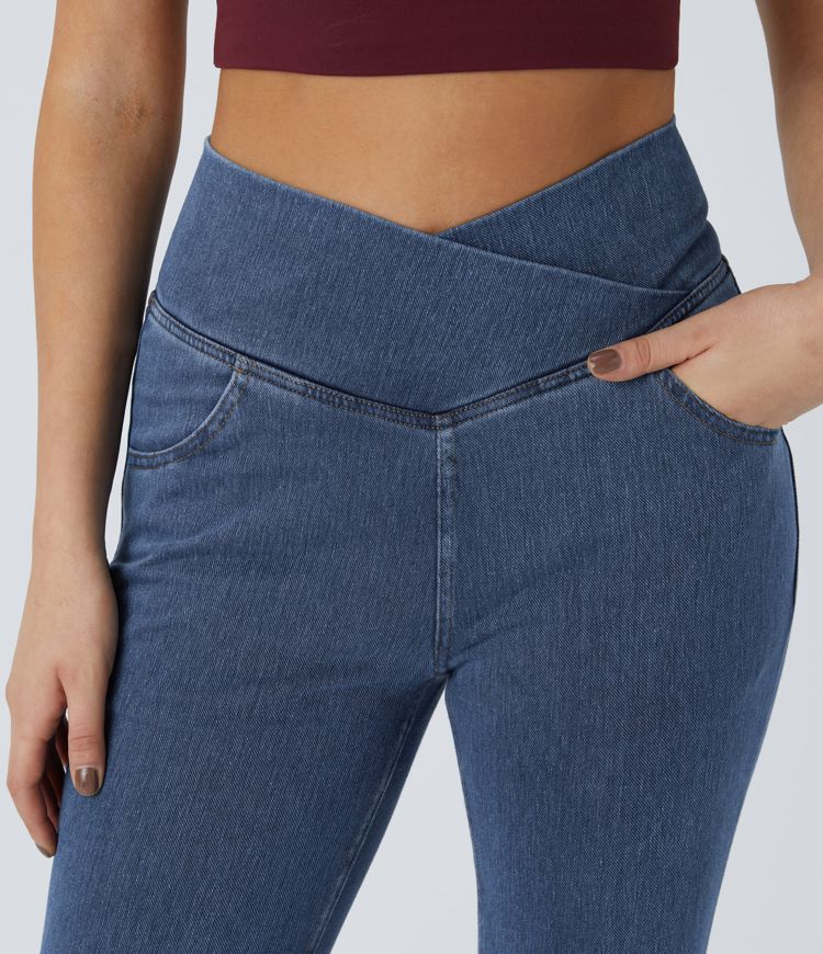 Halara Flex™ - Jean Ultra Evasé Tricot Extensible Lavé Poches Croisées Taille Haute Halara Flex™ - Jean Ultra Evasé Tricot Extensible Lavé Poches Croisées Taille Haute