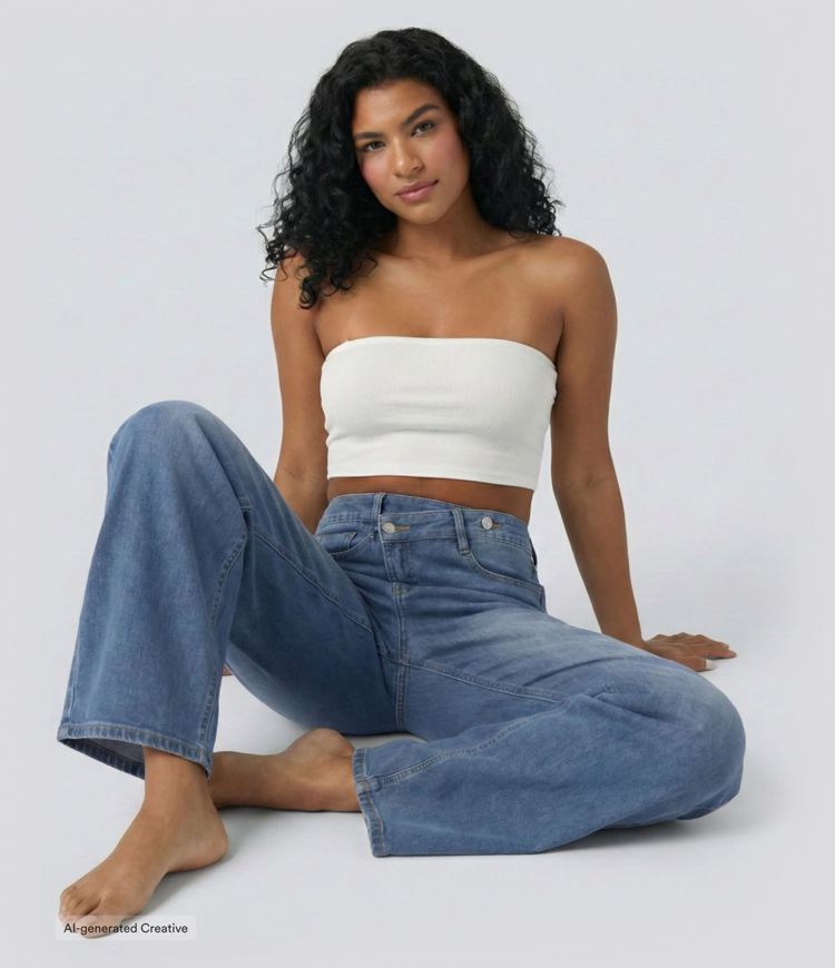 Halara Flex™ Asymmetric High Waisted Washed Casual Baggy Jeans with Pockets Halara Flex™ Asymmetric High Waisted Washed Casual Baggy Jeans with Pockets