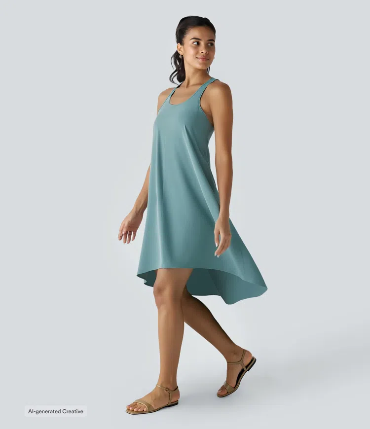 Vestido casual midi Breezeful™ racerback sin espalda con bolsillos laterales, dobladillo asimétrico y secado rápido en copas D-F